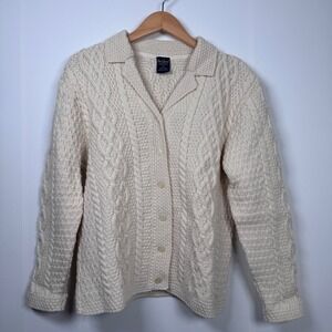 Paul James Fisherman Cable Knit Cardigan Women L Cream Wool England Cottage Aran